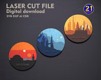 Ensemble de planètes inspiré de Star Wars | Naboo, Coruscant, Tatooine SVG multicouche | Fichiers découpés au laser en téléchargement numérique