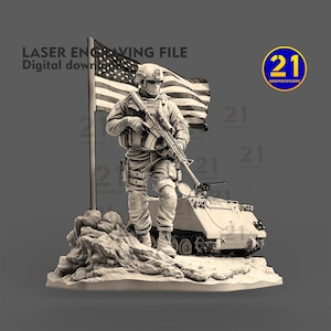 Soldat américain 3D avec drapeau et char SVG PNG | Conception de gravure laser hommage militaire | Téléchargement numérique