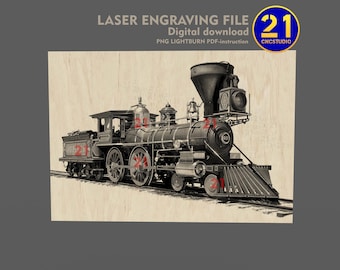 Fichier de gravure laser train Jupiter | train à vapeur vintage | illusion 3D | PNG, LightBurn | Téléchargement numérique