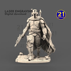 Op de afbeelding: Een 3D-model van een Mandalorian-personage uit het Star Wars-universum. Het model staat in een looppose en houdt een blastergeweer in de ene hand. Het personage draagt een helm, pantser en een cape. Het model is ontworpen voor lasergraveren.
