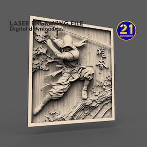 May include: A 3D relief carving of a ninja warrior holding a sword, with a tree branch and Japanese characters in the background. The carving is made of wood and has a light brown color.
