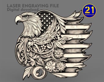 Aigle fleuri avec drapeau des États-Unis SVG PNG | Conception de gravure laser 3D | Téléchargement numérique patriotique