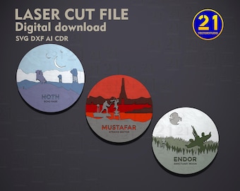 Ensemble de planètes inspiré de Star Wars | Hoth, Mustafar, Endor SVG multicouche | Fichiers découpés au laser en téléchargement numérique