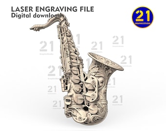 Saxophone orné SVG PNG | Conception de gravure laser 3D | Décoration musicale en téléchargement numérique