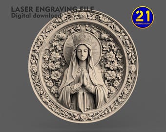 Gravure laser 3D Vierge Marie : Art floral sacré (téléchargement numérique SVG, PNG)