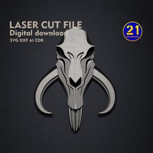 May include: A digital download file for laser cutting a Mandalorian symbol. The symbol is a grey skull with horns and a textured surface. The file is available in SVG, DXF, AI, and CDR formats.