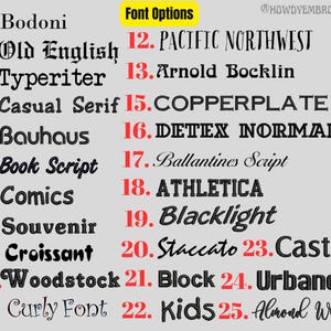 Puede incluir: Una lista de 25 nombres de fuentes diferentes, numerados del 1 al 25, con el texto "Font Options" en la parte superior de la lista. Los nombres de las fuentes est&aacute;n en varios estilos, incluidos script, serif y sans-serif.