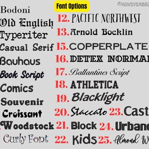 May include: A list of 25 different font names, numbered 1 through 25, with the text "Font Options" at the top of the list. The font names are in various styles, including script, serif, and sans-serif.