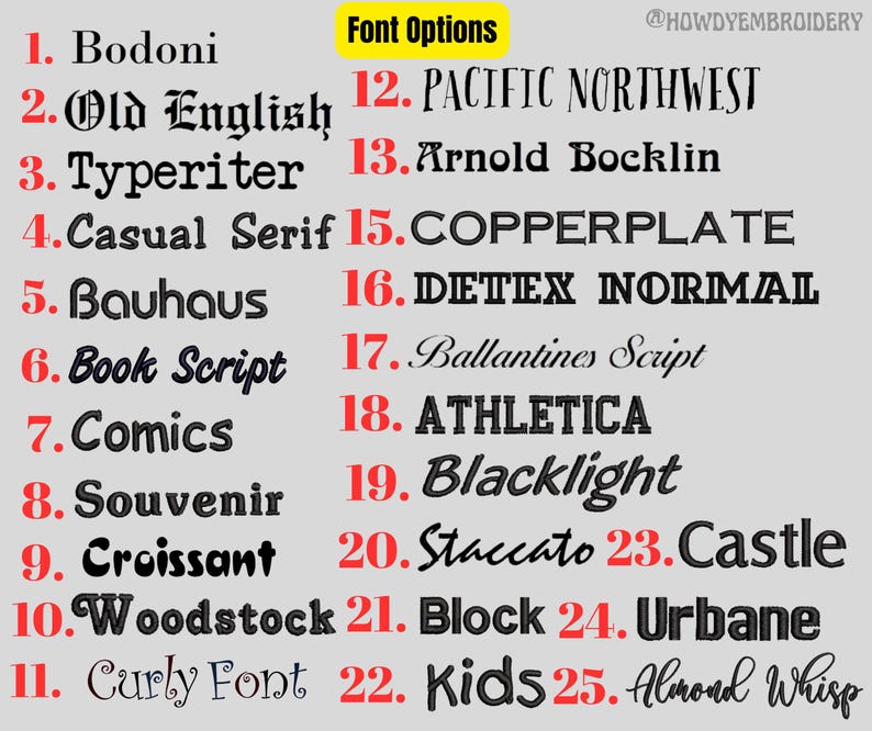 May include: A list of 25 different font names, numbered 1 through 25, with the text "Font Options" at the top of the list. The font names are in various styles, including script, serif, and sans-serif.