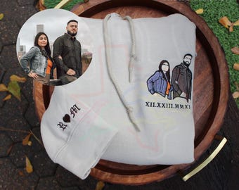 Sudadera con capucha con foto bordada personalizada, retrato fotográfico bordado personalizado, regalo del Día del Padre, regalo del Día de la Madre, retrato de pareja