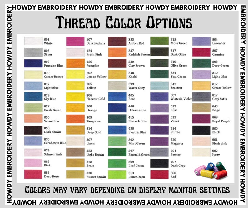 Puede incluir: Una tabla de colores de hilo con los n&uacute;meros correspondientes. La tabla est&aacute; etiquetada como "Thread Color Options". Los colores est&aacute;n dispuestos en filas y columnas. Los colores incluyen blanco, plata, azul prusiano, marr&oacute;n crema, azul claro, azul cielo, verde fresco, bermell&oacute;n, marr&oacute;n oscuro, azul aciano, rosa salm&oacute;n, rosa, rosa intenso, fucsia oscuro, rosa fresco, calabaza, amarillo lim&oacute;n, amarillo, oro de cosecha, naranja, mandarina, oro oscuro, lino, marr&oacute;n claro, lat&oacute;n, marr&oacute;n rojizo, rojo &aacute;mbar, marr&oacute;n rojizo, marr&oacute;n arcilla, caqui, verde musgo, oliva oscuro, verde oliva, verde azulado, lavanda, carm&iacute;n, verde oscuro, lila claro, amarillo crema, seacrest, azul, violeta wisteria, ultramar, lila, beige, morado real, negro, rosa carne, marfil, verde menta, magenta, morado, azul el&eacute;ctrico, azul pavo real, verde esmeralda, esta&ntilde;o, gris oscuro, rojo.