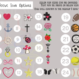 May include: A chart with 24 numbered squares, each containing a different embroidered icon. The icons include a heart, anchor, compass, diamond ring, bow, heart with initials, puzzle piece, cross, rose, ladybug, mushroom, king, queen, star, butterfly, football, basketball, volleyball, soccer ball, tennis ball, and baseball.