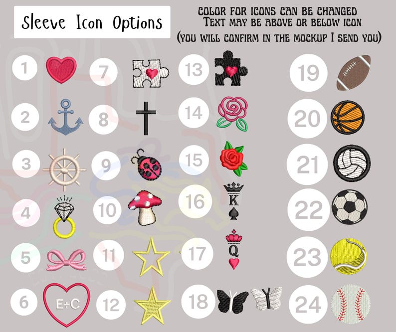 May include: A chart with 24 numbered squares, each containing a different embroidered icon. The icons include a heart, anchor, compass, diamond ring, bow, heart with initials, puzzle piece, cross, rose, ladybug, mushroom, king, queen, star, butterfly, football, basketball, volleyball, soccer ball, tennis ball, and baseball.