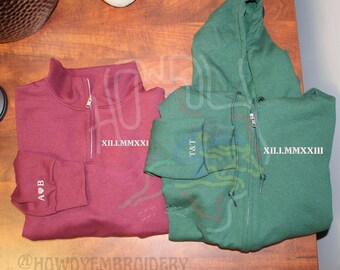 Custom Roman Numeral Quarter-Zip, Embroidered Roman Numeral Zipper Jacket, Bridesmaids Gift, Groomsmen Gifts, Anniversary Gift, Wedding Gift