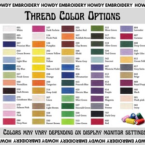 May include: A chart of thread colors with corresponding numbers. The chart is labeled "Thread Color Options". The colors are arranged in rows and columns. The colors include white, silver, Prussian blue, cream brown, light blue, sky blue, fresh green, vermillion, dark brown, cornflower blue, salmon pink, pink, deep rose, dark fuchsia, fresh pink, pumpkin, lemon yellow, yellow, harvest gold, orange, tangerine, deep gold, linen, light brown, brass, russet brown, amber red, reddish brown, clay brown, khaki, moss green, dark olive, olive green, teal green, lavender, carmine, deep green, light lilac, cream yellow, seacrest, blue, wisteria violet, ultramarine, lilac, beige, royal purple, black, flesh pink, ivory, mint green, magenta, purple, electric blue, peacock blue, emerald green, pewter, dark grey, red.