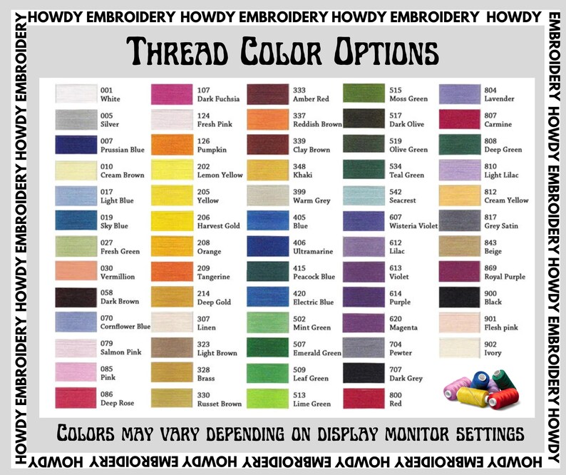 May include: A chart of thread colors with corresponding numbers. The chart is labeled "Thread Color Options". The colors are arranged in rows and columns. The colors include white, silver, Prussian blue, cream brown, light blue, sky blue, fresh green, vermillion, dark brown, cornflower blue, salmon pink, pink, deep rose, dark fuchsia, fresh pink, pumpkin, lemon yellow, yellow, harvest gold, orange, tangerine, deep gold, linen, light brown, brass, russet brown, amber red, reddish brown, clay brown, khaki, moss green, dark olive, olive green, teal green, lavender, carmine, deep green, light lilac, cream yellow, seacrest, blue, wisteria violet, ultramarine, lilac, beige, royal purple, black, flesh pink, ivory, mint green, magenta, purple, electric blue, peacock blue, emerald green, pewter, dark grey, red.