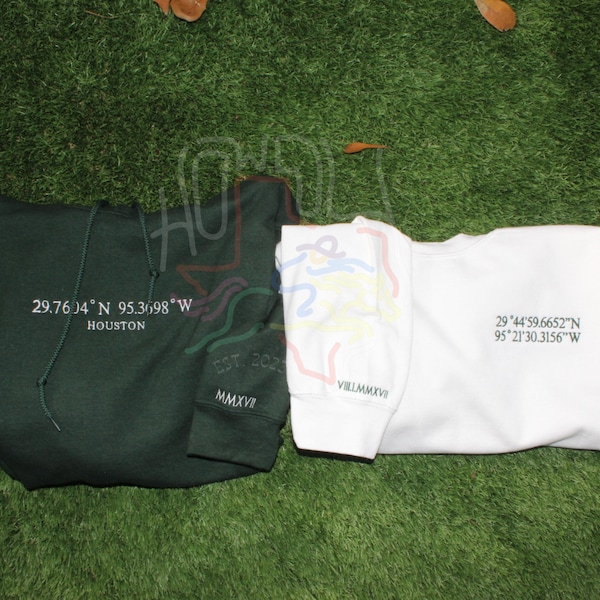 Coordinates Embroidered Sweatshirt, First Date Hoodie, Gifts for Him, Gifts For Her, Anniversary Gift, Vacation Trip Sweater