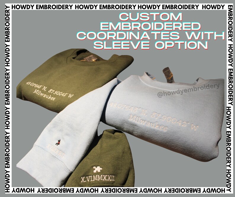 May include: Two sweatshirts with custom embroidery. One is light blue with white embroidery of coordinates and the text "Milwaukee". The other is dark green with white embroidery of Roman numerals and the text "Milwaukee".