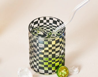 Retro Checkerboard glass cup, Checkered Nordic drinkware, Tea/Coffee glass cup, Beverage glass cup, cocktail drinking glasses
