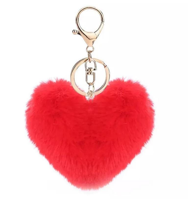 RED Fluffy Heart Shaped Pompom Keychain Fur Ball Mini Furry 