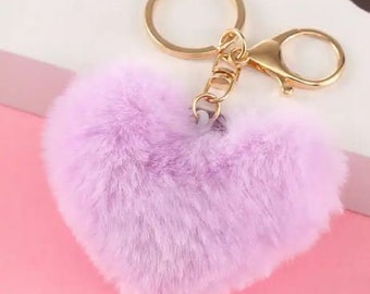 Pink Fluffy Heart Shaped Pompom Keychain