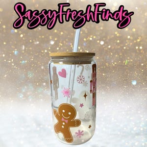Tasse en verre casse-noix en pain d&#39;épice, tasse de Noël, verre Libby, tasse à café glacée, Noël rose, Noël girly, idée cadeau, tendance, pain d&#39;épice rose