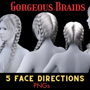 May include: Five images of a woman with long, braided hair. The woman's face is not visible in most of the images. The hair is styled in two braids, and the images show the hair from different angles. The text "GORGEOUS BRAIDS" and "5 FACE DIRECTIONS PNGs" is visible at the top and bottom of the image.