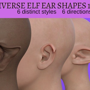 Puede incluir: Tres formas diferentes de orejas de elfo, cada una en un tono de piel diferente. La primera oreja es una oreja de elfo estándar, la segunda es una oreja de elfo más puntiaguda, y la tercera es una oreja de elfo larga y curvada.