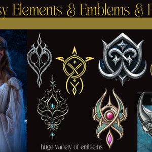 May include: Image featuring fantasy elements and emblems. The image includes a woman in a white dress and a variety of ornate emblem designs in silver, gold, and teal. Text reads "Fantasy Elements & Emblems & Papers" and "huge variety of emblems."