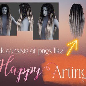 Könnte beinhalten: Eine digitale Illustration einer Person mit langen, schwarzen und weißen Dreadlocks. Das Bild ist ein digitaler Download und im PNG-Format verfügbar. Der Text "Pack consists of pngs like Happy Arting!" steht unter dem Bild.