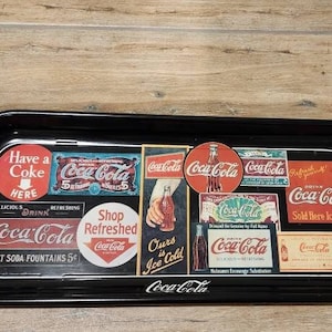Vintage Coca-Cola Metal Serving Tray Showing the 1902-1960 Collage of Tin and Cardboard Signs and Coupons. Made in 1995
