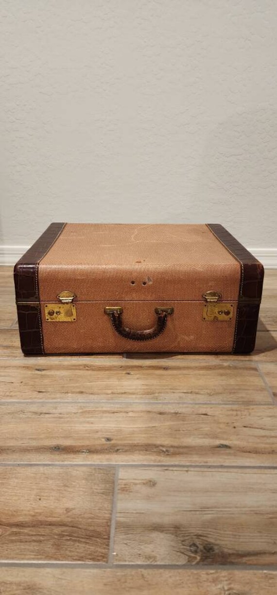 Vintage Tweed Hard Sided Suitcase with Leather Edges … Gem