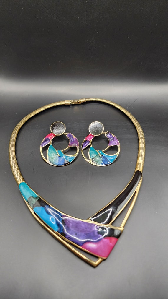 Vintage 1980's Enamel Necklace and earrings - image 1