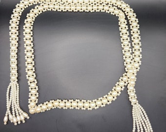 Vintage 41" Long Faux Pearl Woven Tassel