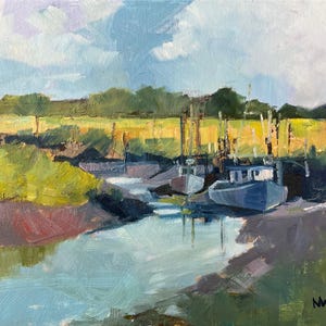 Original Framed Acrylic Painting  &#39;Fishing Boats at Rest’ Thornham Old Harbour