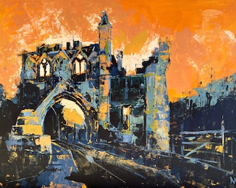 Original acrylic painting on canvas board Amber Sky at Kirkham Priory Gatehouse