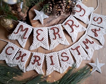 Merry Christmas Banner - macrame festive garland with customize colours, Christmas Bunting IN YOUR LANGUAGE