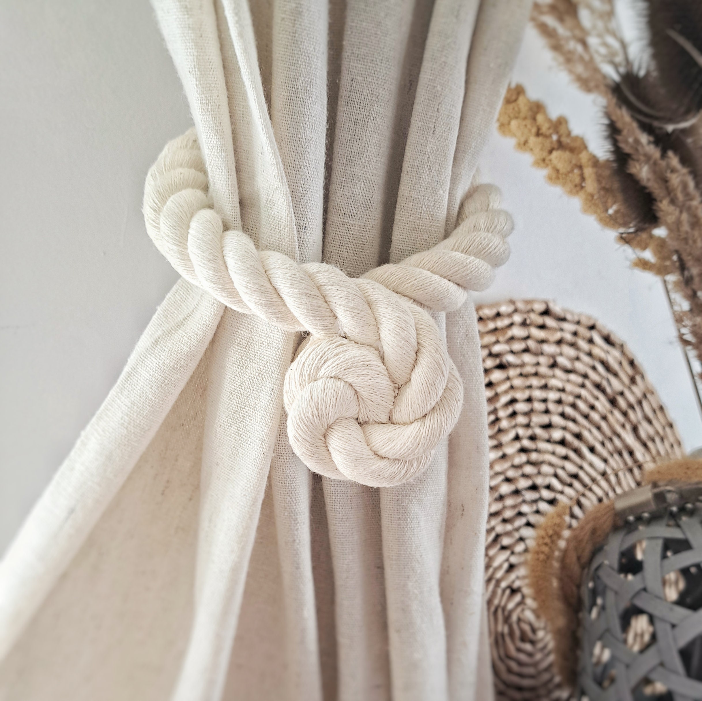 Fermatenda Magnetici In Legno, Stile Boho, 4 Pezzi, Colore Bianco, Con Perline E Corda Regolabile, Fatti A Mano - 4