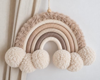 Large Macrame Rainbow Wall Hanging, Boho Nursery Wall Decor, Handmade Pom Pom Rainbow, Custom Color Baby Room Decor