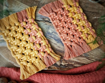 Macrame Coasters- rectangular 2-tone coaster with fringe l 20 COLOURS