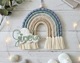Boho Rainbow Macrame Wall Hanging, Kids Room Decor, Nursery Gift for Baby Boy, Handmade Jute Cotton Wall Art, Rainbow with a cloud