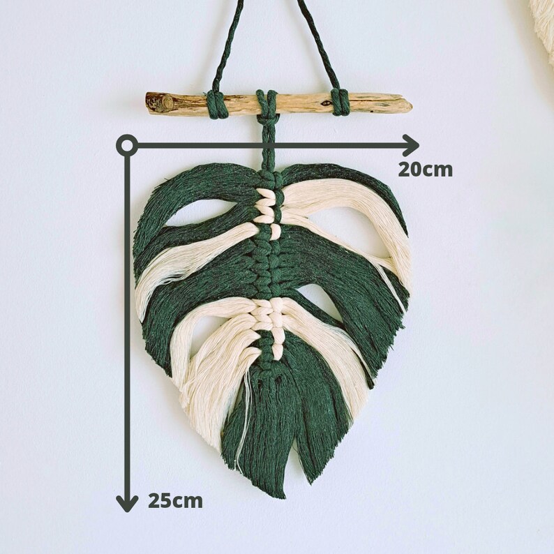 May include: A green and white macrame wall hanging in the shape of a monstera leaf. The hanging is 20 inches wide and 25 inches tall.