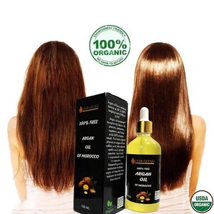 May include: A product shot features two women with long, brown hair, flanking a bottle and box of Argan Oil of Morocco. The bottle is yellow with a dropper, and the box is black with white text. The labels read "100% Organic" and "100% Free".
