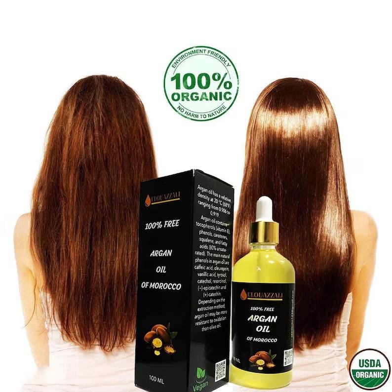 May include: A product shot features two women with long, brown hair, flanking a bottle and box of Argan Oil of Morocco. The bottle is yellow with a dropper, and the box is black with white text. The labels read "100% Organic" and "100% Free".