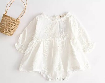Baby Girl Embroidered Romper Dress, Baby Girl Romper Dress, Newborn Dress, White Lace Dress, Flower Girl Dress