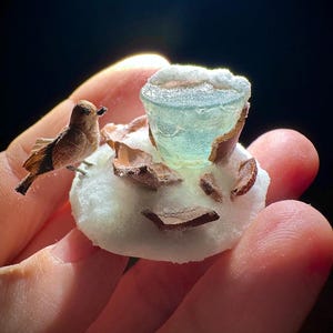 Fryst, sprängd miniatyrblomkruka, miniatyrvinterscen