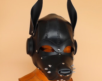 Leather dog mask, puppy pet play hood