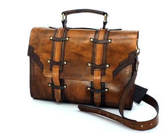 Handcrafted Leather Briefcase, Elegant Laptop Satchel, Crossbody Messenger Bag