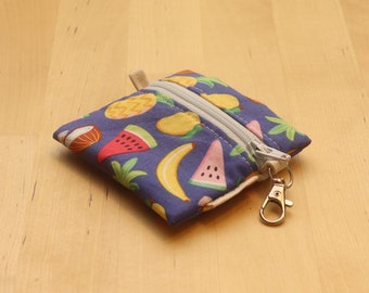 Mini Zipper Pouch Bag - Coin or Earbuds Keychain Zipper Pouch - Tropical Fruit Print