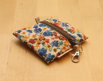 Mini Zipper Pouch Bag - Coin or Earbuds Keychain Zipper Pouch - Small White Background Floral Print